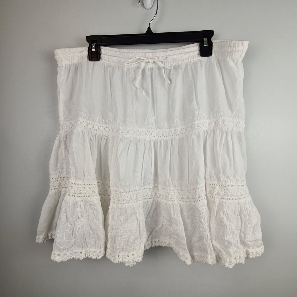 Sand N Sun Womens XL White Cotton Tiered Mini Skirt Boho Lace Trim Lightweight
